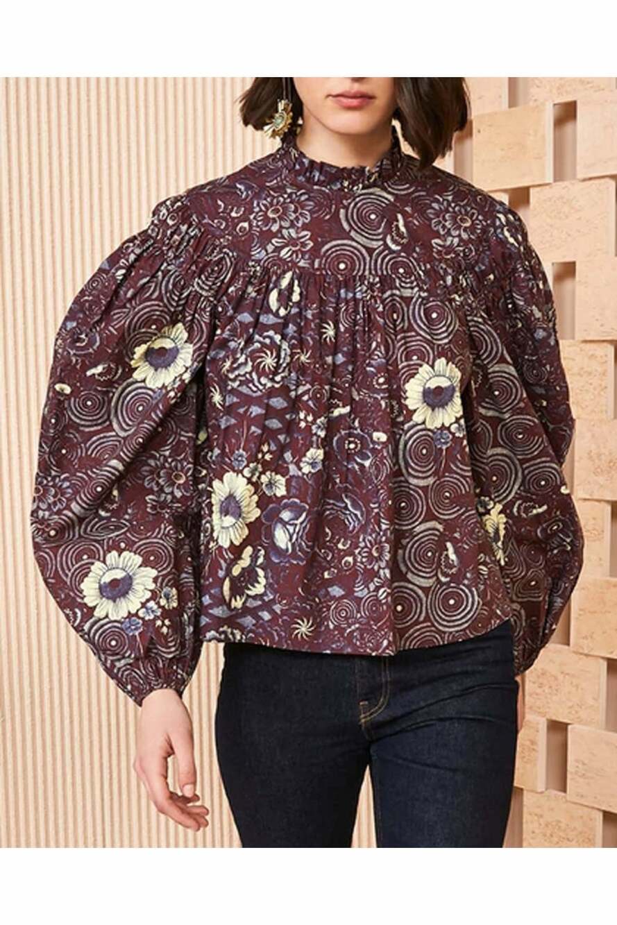 Ulla Johnson Burgundy Cotton Heliotrope Print Blouse Size 4